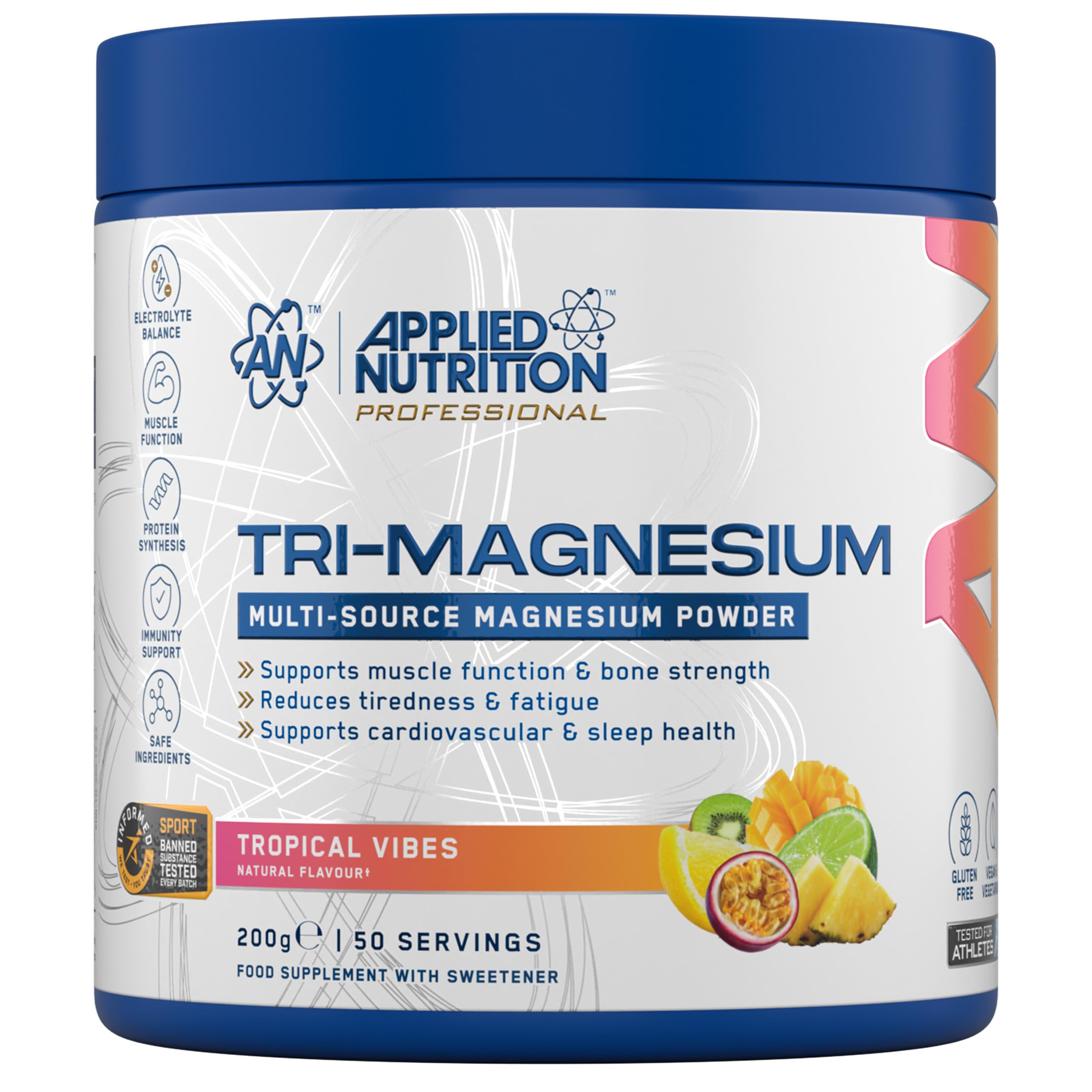 Applied Nutrition Tri-Magnesium Powder 3 in 1 - Magnesium Glycinate Supplements for Bone, Muscle, Nervous System Sleep Health - 300 mg per Serving (200g - 50 Servings) (Tropical Vibes) - New - BBE 01/2028