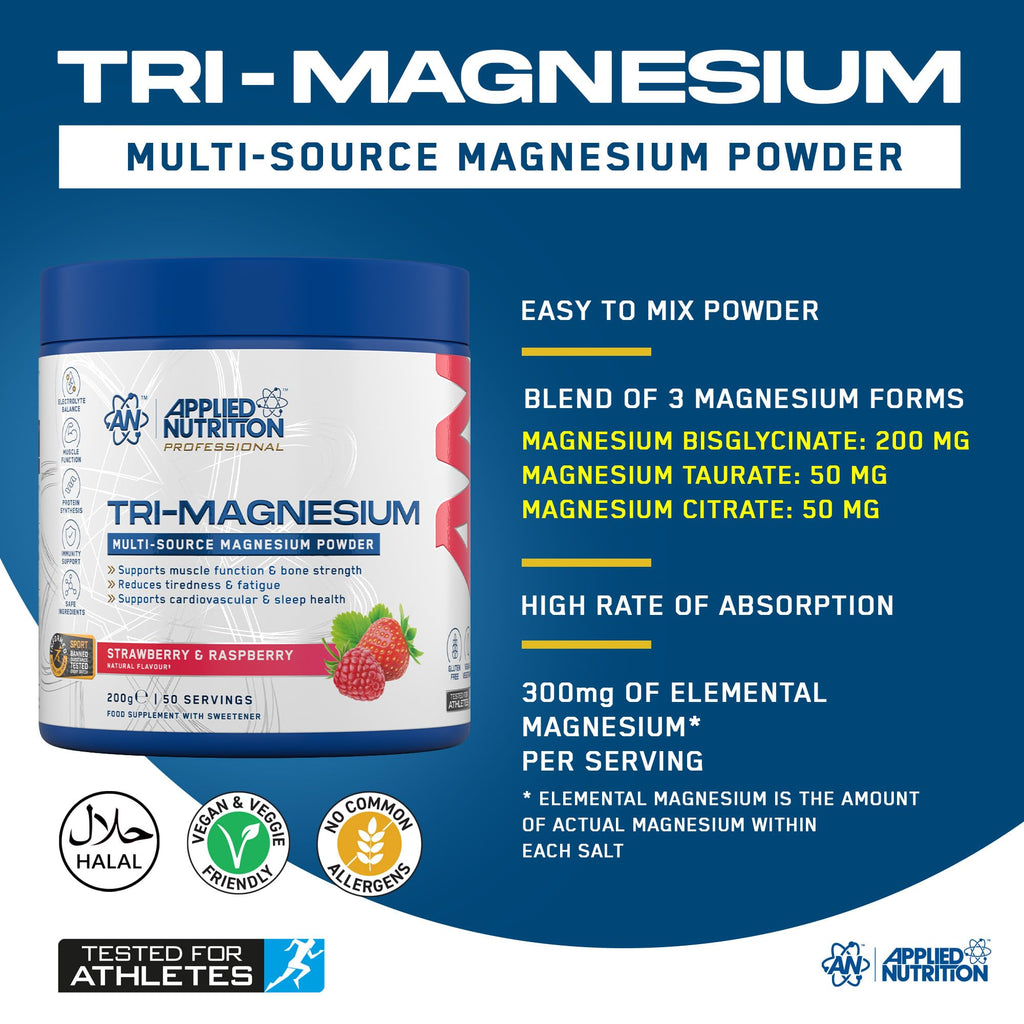 Applied Nutrition Tri-Magnesium Powder 3 in 1 - Magnesium Glycinate Supplements for Bone, Muscle, Nervous System Sleep Health - 300 mg per Serving (200g - 50 Servings) (Tropical Vibes) - New - BBE 01/2028