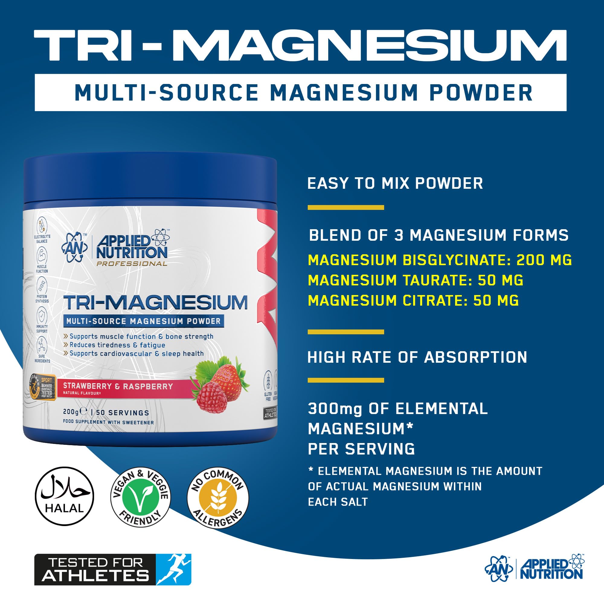 Applied Nutrition Tri-Magnesium Powder 3 in 1 - Magnesium Glycinate Supplements for Bone, Muscle, Nervous System Sleep Health - 300 mg per Serving (200g - 50 Servings) (Tropical Vibes) - New - BBE 01/2028