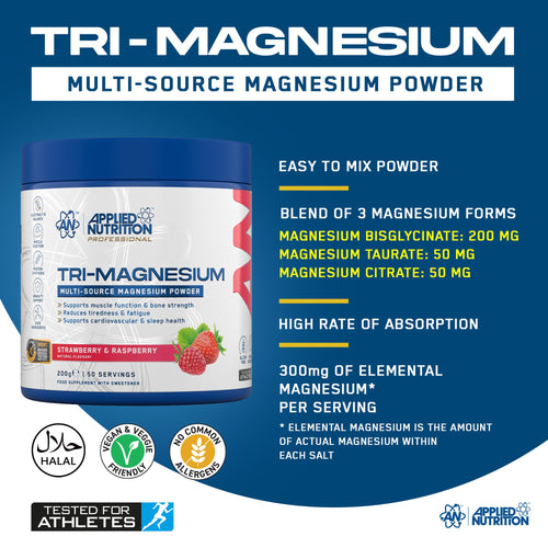 Applied Nutrition Tri-Magnesium Powder 3 in 1 - Magnesium Glycinate Supplements for Bone, Muscle, Nervous System Sleep Health - 300 mg per Serving (200g - 50 Servings) (Tropical Vibes) - New - BBE 01/2028
