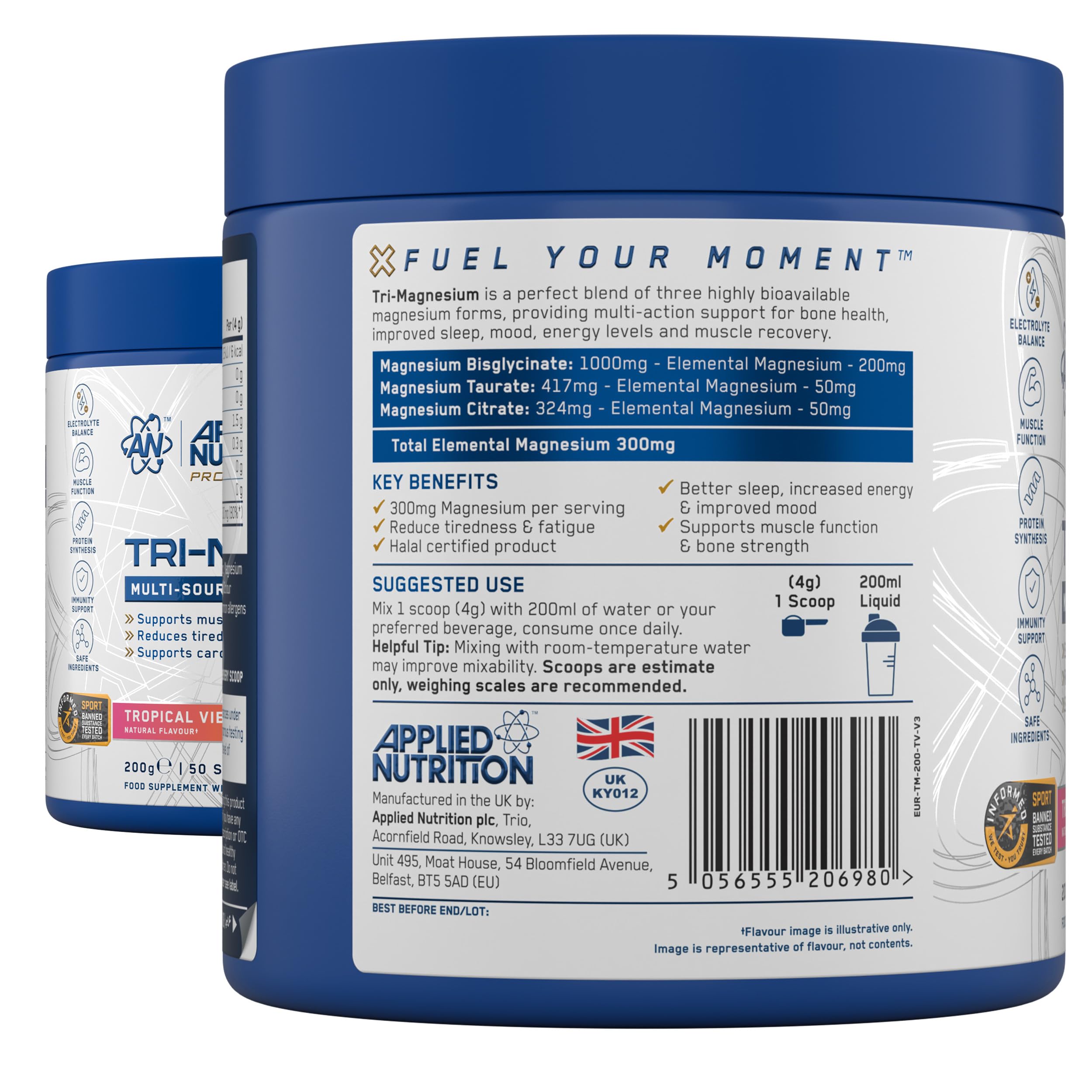 Applied Nutrition Tri-Magnesium Powder 3 in 1 - Magnesium Glycinate Supplements for Bone, Muscle, Nervous System Sleep Health - 300 mg per Serving (200g - 50 Servings) (Tropical Vibes) - New - BBE 01/2028