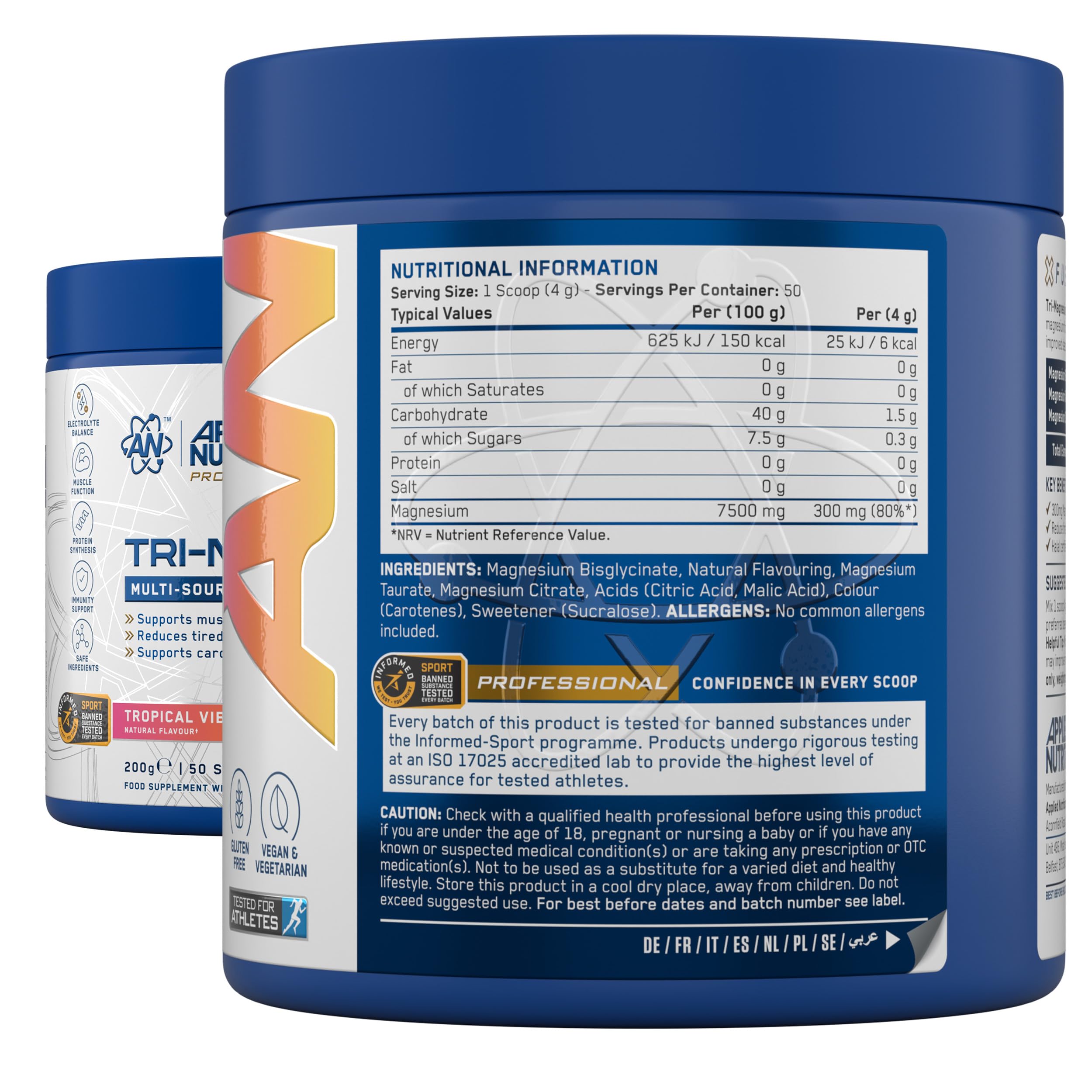 Applied Nutrition Tri-Magnesium Powder 3 in 1 - Magnesium Glycinate Supplements for Bone, Muscle, Nervous System Sleep Health - 300 mg per Serving (200g - 50 Servings) (Tropical Vibes) - New - BBE 01/2028