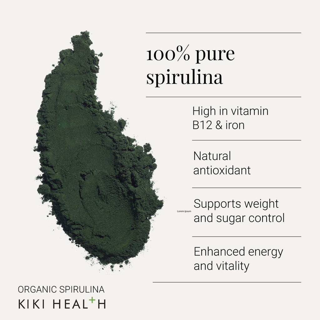 KIKI Health - Organic Spirulina Powder - 100% Pure, Non-GMO, High in Vitamin B12 & Iron - Boosts Energy, Immunity, Detox & Vitality - Rich in Antioxidants & Chlorophyll - 200g - New - BBE 05/2028