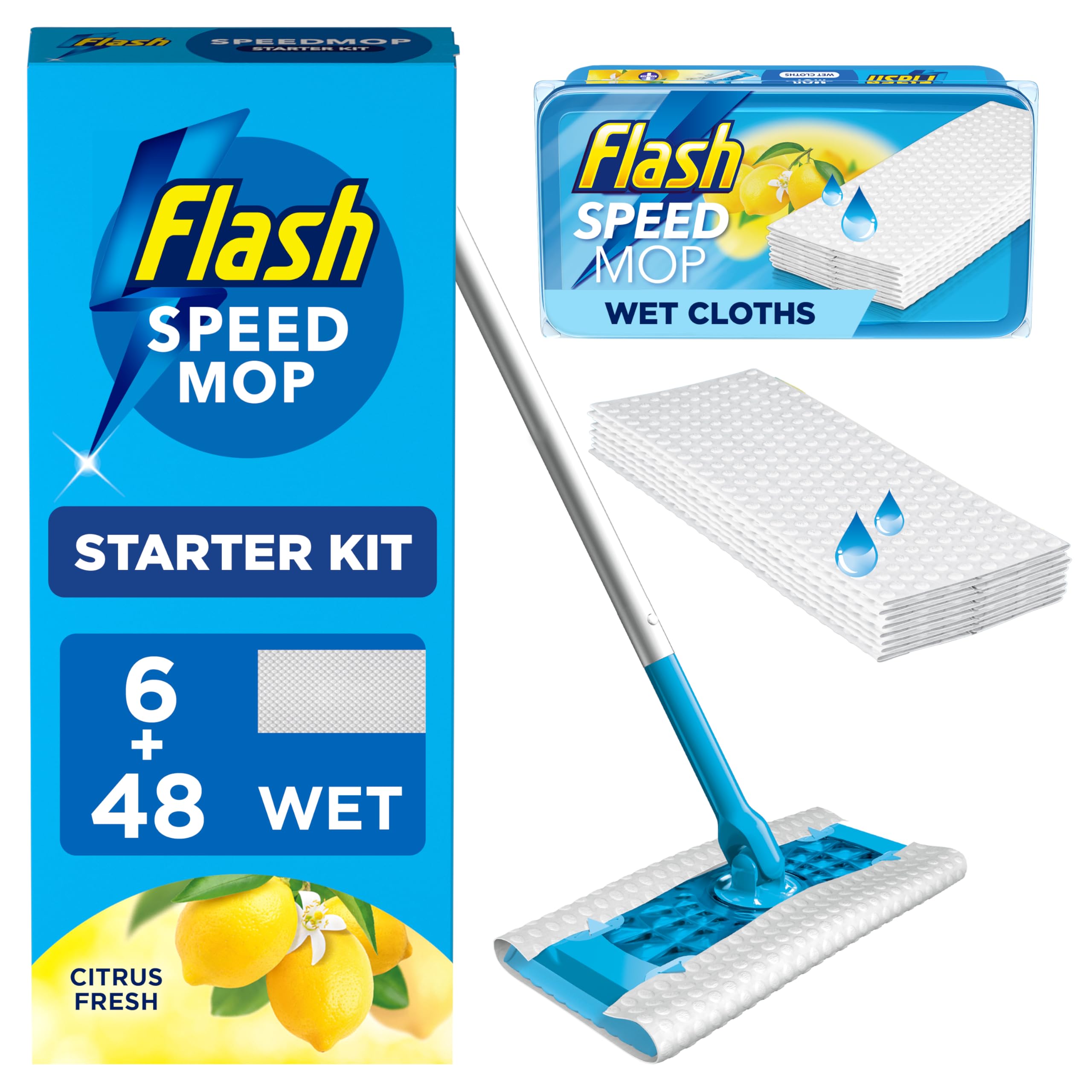 Flash Speedmop Wet Mop Floor Cleaner Starter Kit - 1 Mop, 6 Lemon Scent Refills - Floor Cleaning System - Very Good