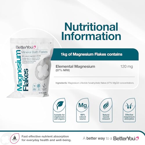 BetterYou Magnesium Original Bath Flakes 1kg - Zechstein Mineral Bath Salts, Vegan & Palm-Oil Free - New - BBE 03/2031