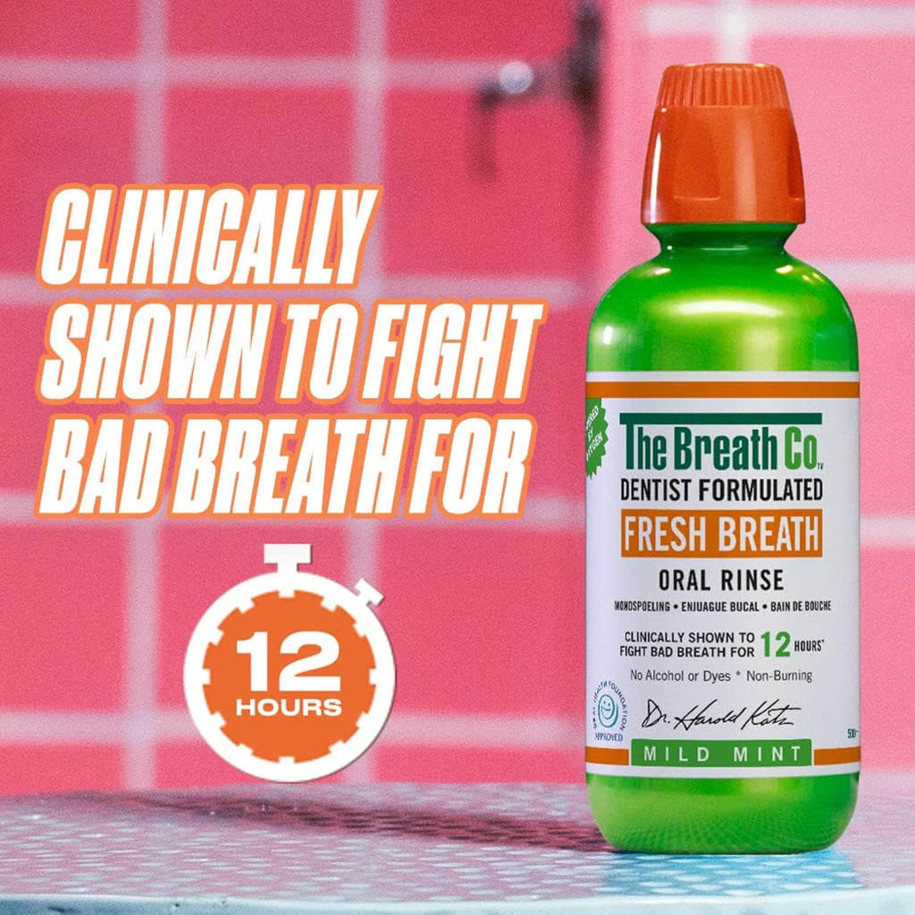 The Breath Co. Alcohol Free Mouthwash - Dentist Formulated Oral Rinse for 12 Hours of Fresh Breath - Mild Mint Flavour, 500ml - New - BBE 05/2028