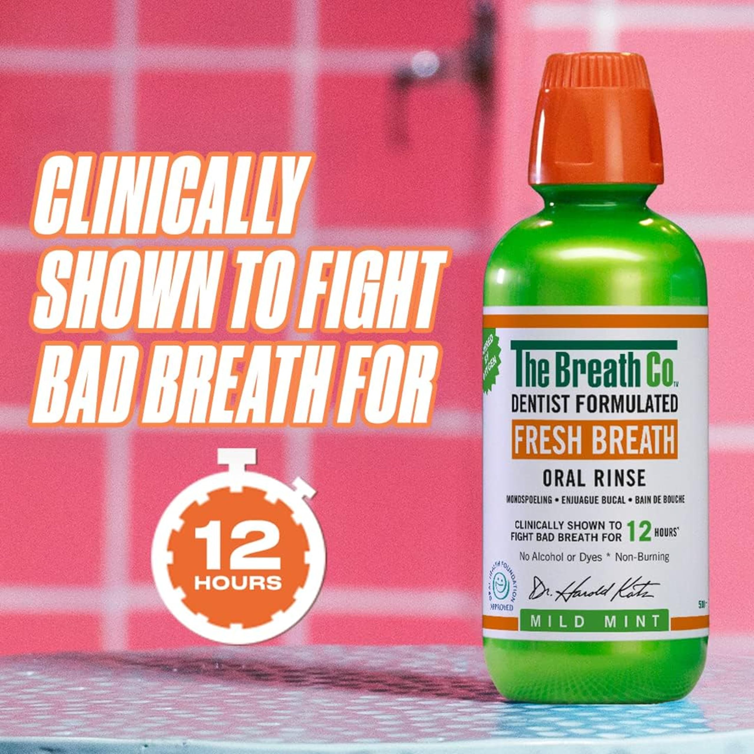 The Breath Co. Alcohol Free Mouthwash - Dentist Formulated Oral Rinse for 12 Hours of Fresh Breath - Mild Mint Flavour, 500ml - New - BBE 05/2028