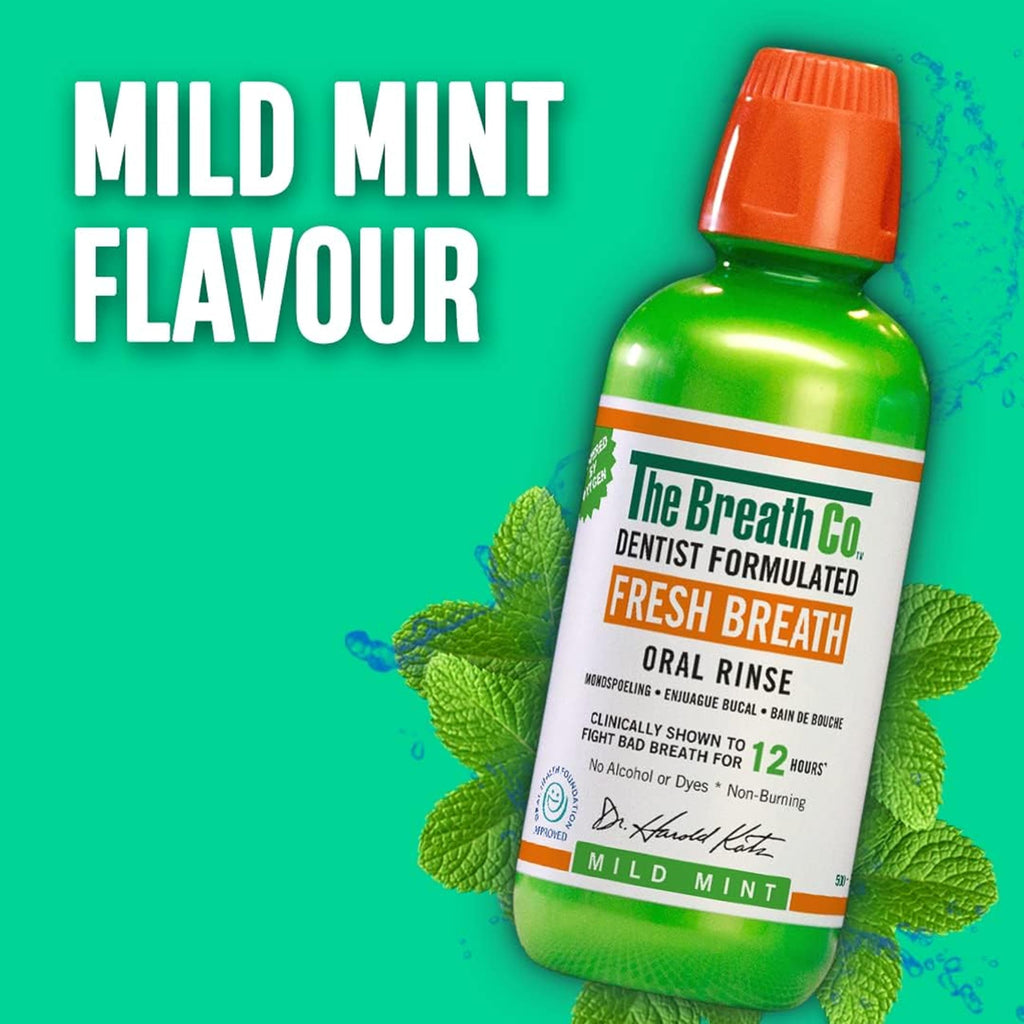 The Breath Co. Alcohol Free Mouthwash - Dentist Formulated Oral Rinse for 12 Hours of Fresh Breath - Mild Mint Flavour, 500ml - New - BBE 05/2028