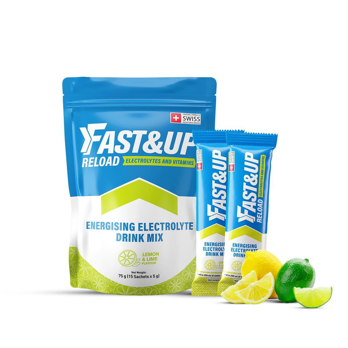 Fast&Up Reload Electrolyte Powder Drink Mix - 15 Sachets - Lemon & Lime - Hydration Energy Vitamins - New - BBE 03/2028