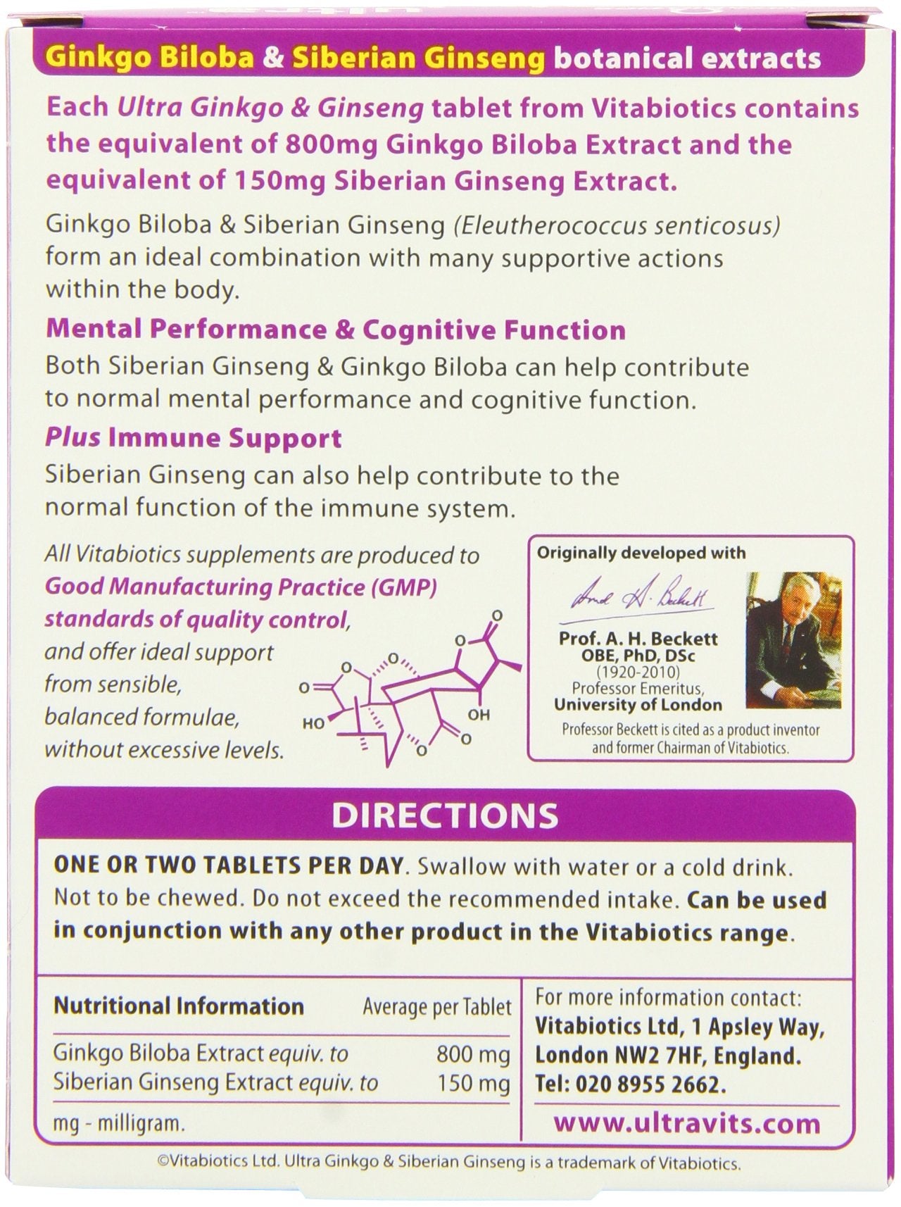 Vitabiotics Ultra Ginkgo and Ginseng Tablets - 60 Tablets - Damaged Box - BBE 12/2027