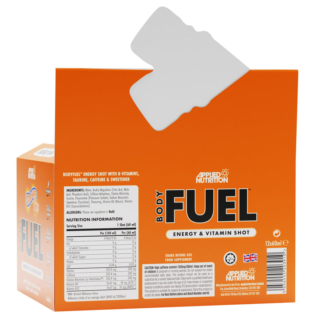 Applied Nutrition BodyFuel Energy Shot - Body Fuel Prime Energy Shot, Physical Performance with B-Vitamins, Taurine, Caffeine, Sugar Free, Zero Calories (Box 12 Units x 60ml) (Orange) - New - BBE 03/2026