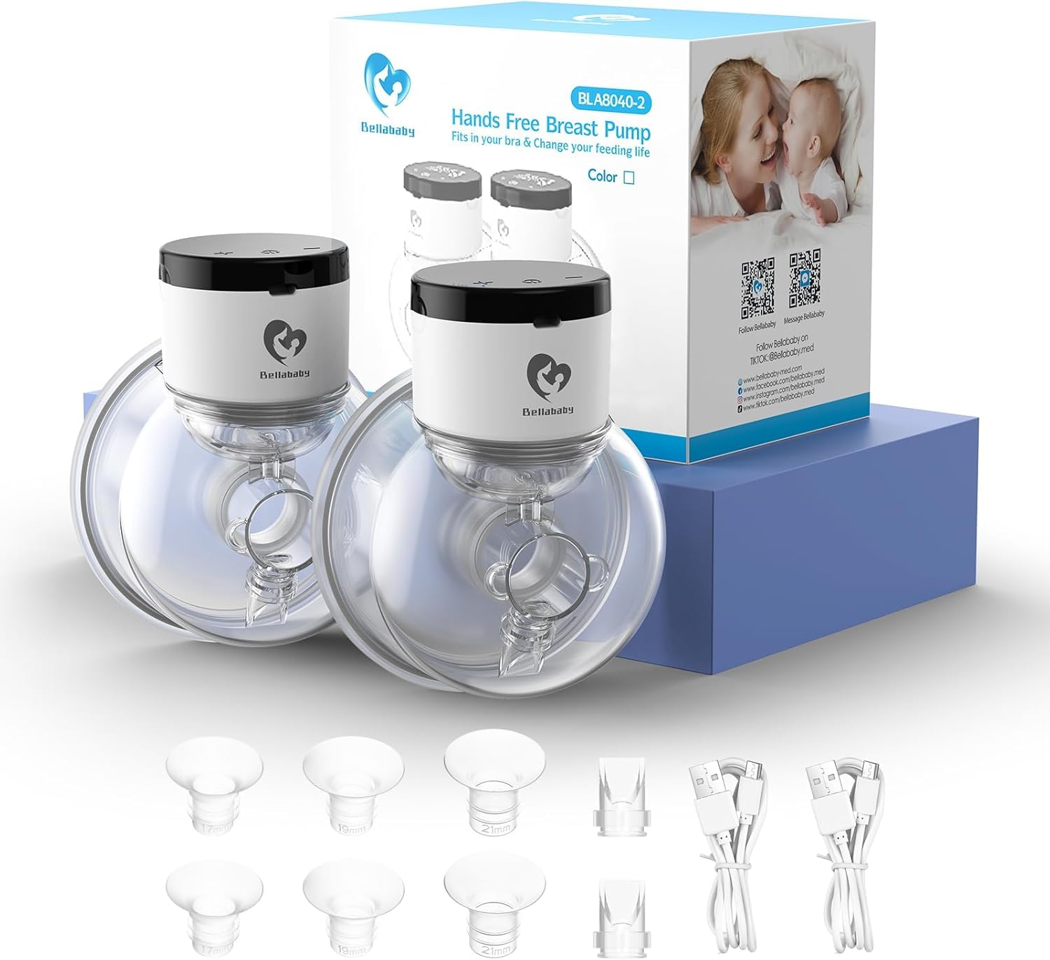 Bellababy Double Electric Breast Pump - 21mm, 24mm, 27mm Flanges - Touch Screen - Strong Suction - Blue - New