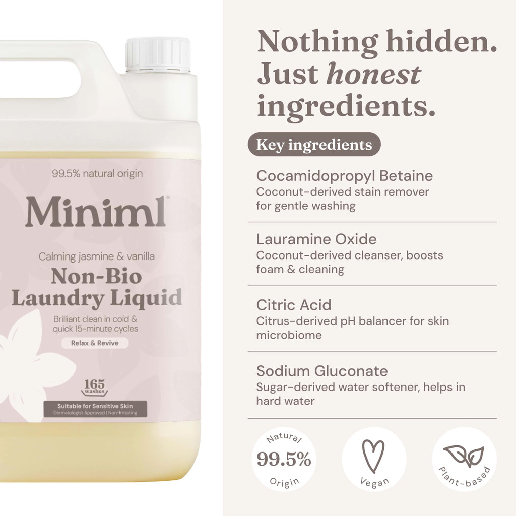 Miniml Laundry Liquid 5L Refill - Wild Jasmine & Vanilla Non-Bio Detergent - Vegan, Cruelty-Free, 165 Washes for Machine & Hand Wash - New