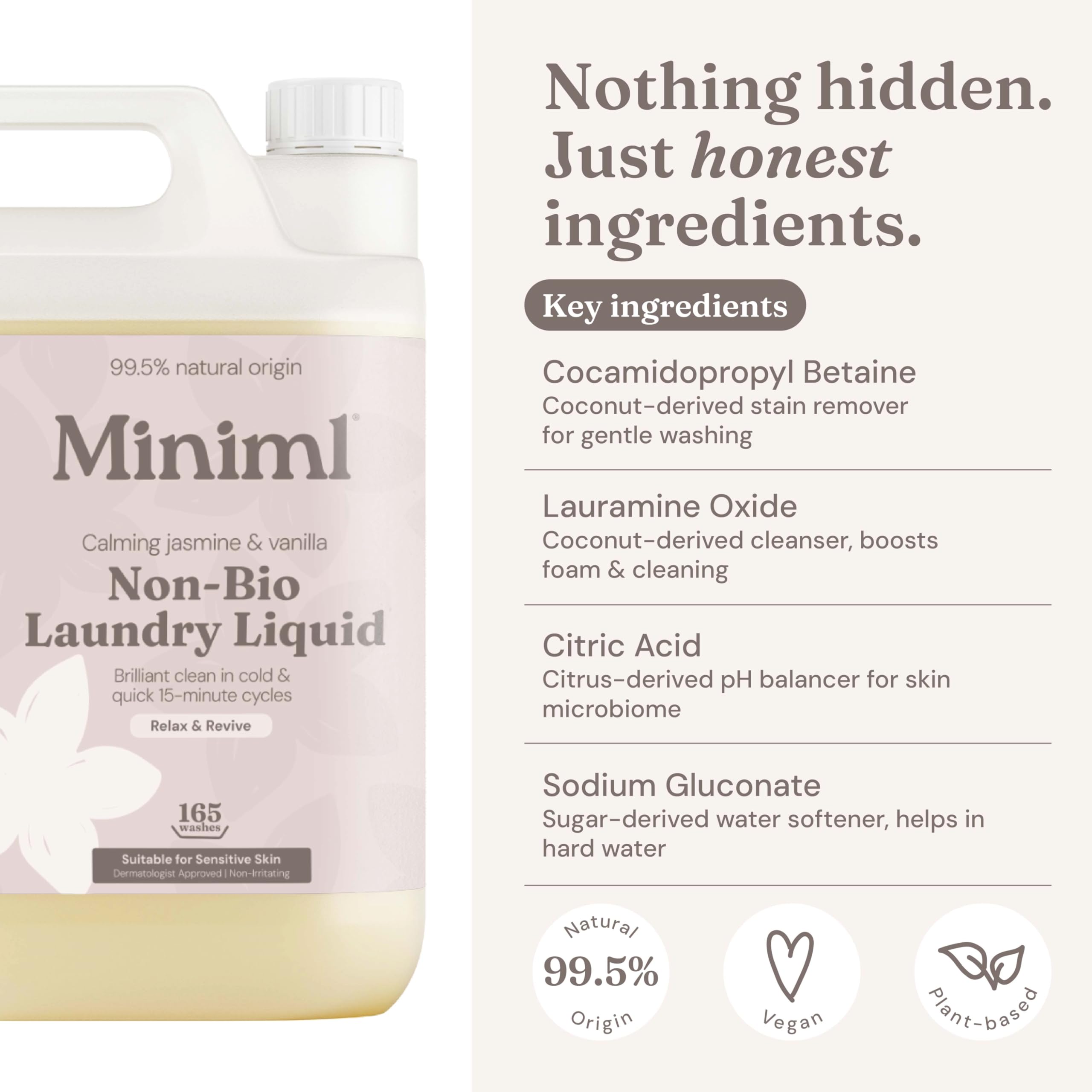 Miniml Laundry Liquid 5L Refill - Wild Jasmine & Vanilla Non-Bio Detergent - Vegan, Cruelty-Free, 165 Washes for Machine & Hand Wash - New