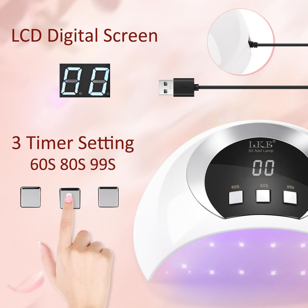 54W UV LED Nail Lamp for Gel Nails - Portable Nail Dryer, 3 Timer, Auto Sensor, LCD Screen, USB Plug - New