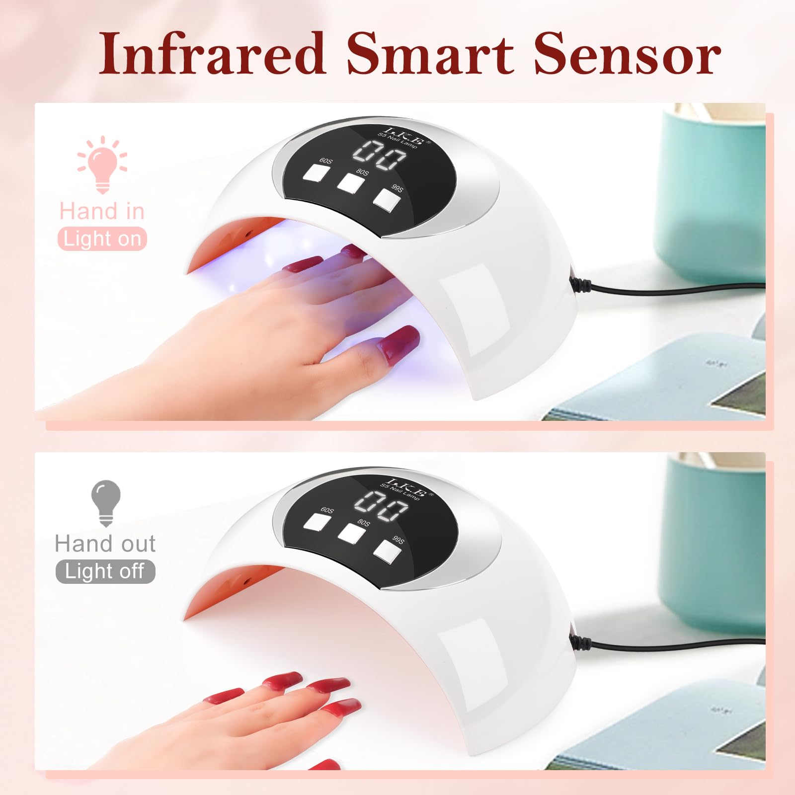 54W UV LED Nail Lamp for Gel Nails - Portable Nail Dryer, 3 Timer, Auto Sensor, LCD Screen, USB Plug - New