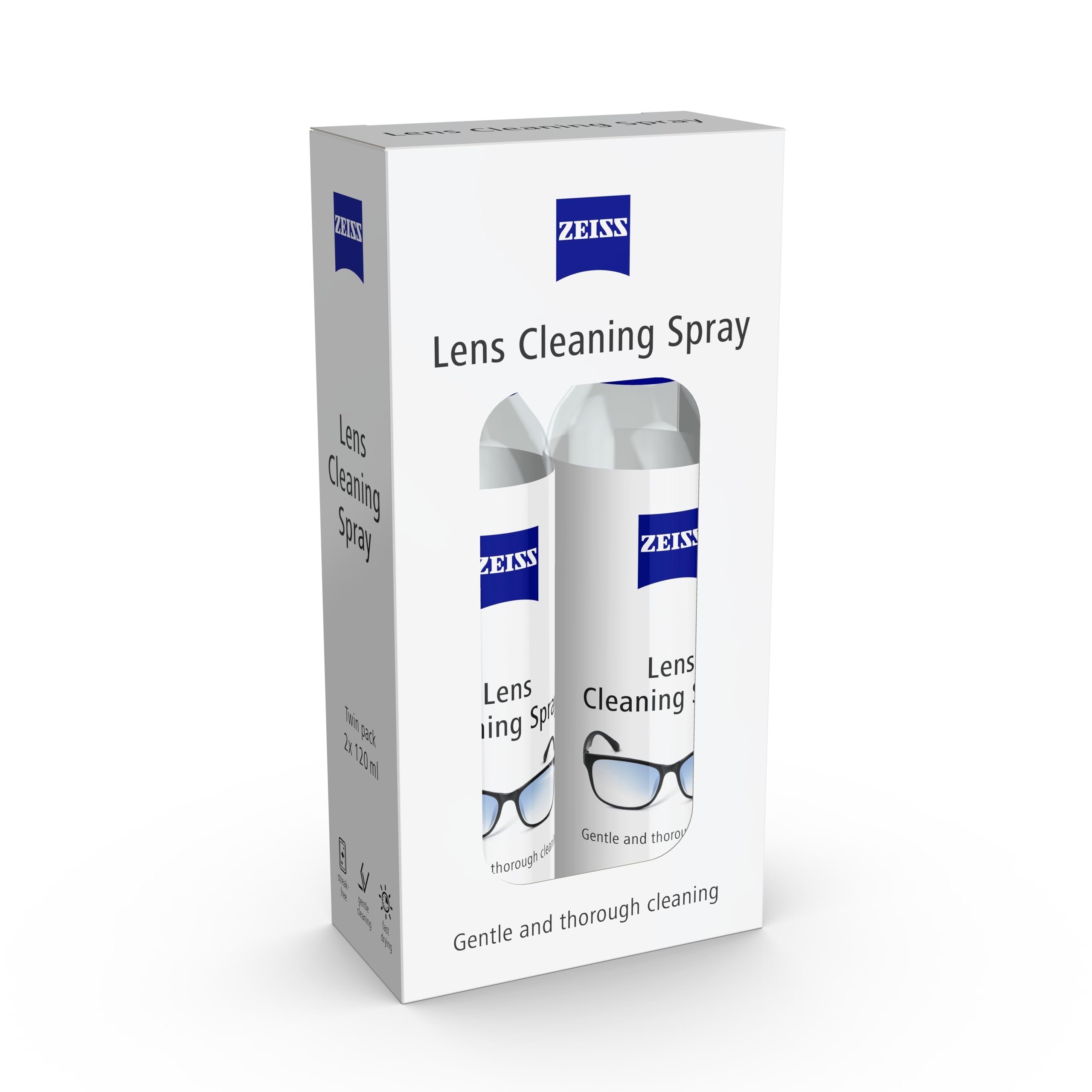 ZEISS Lens Cleaning Spray - 2x 120ml Twin Pack - Optical Glass Plastic Cleaner for Glasses Cameras Screens - Damaged Box - BBE 03/2028