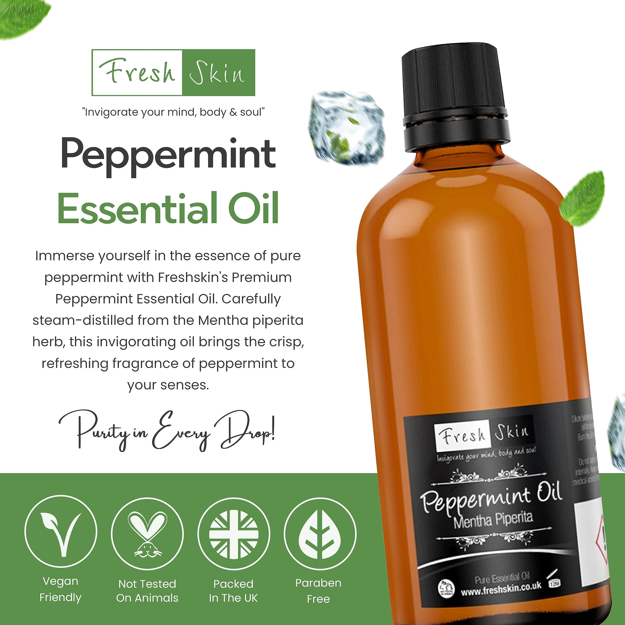 Freshskin Beauty Peppermint Essential Oil 200ml (2x 100ml) Mentha Piperita 100% Pure Natural Therapeutic Grade - Damaged Box