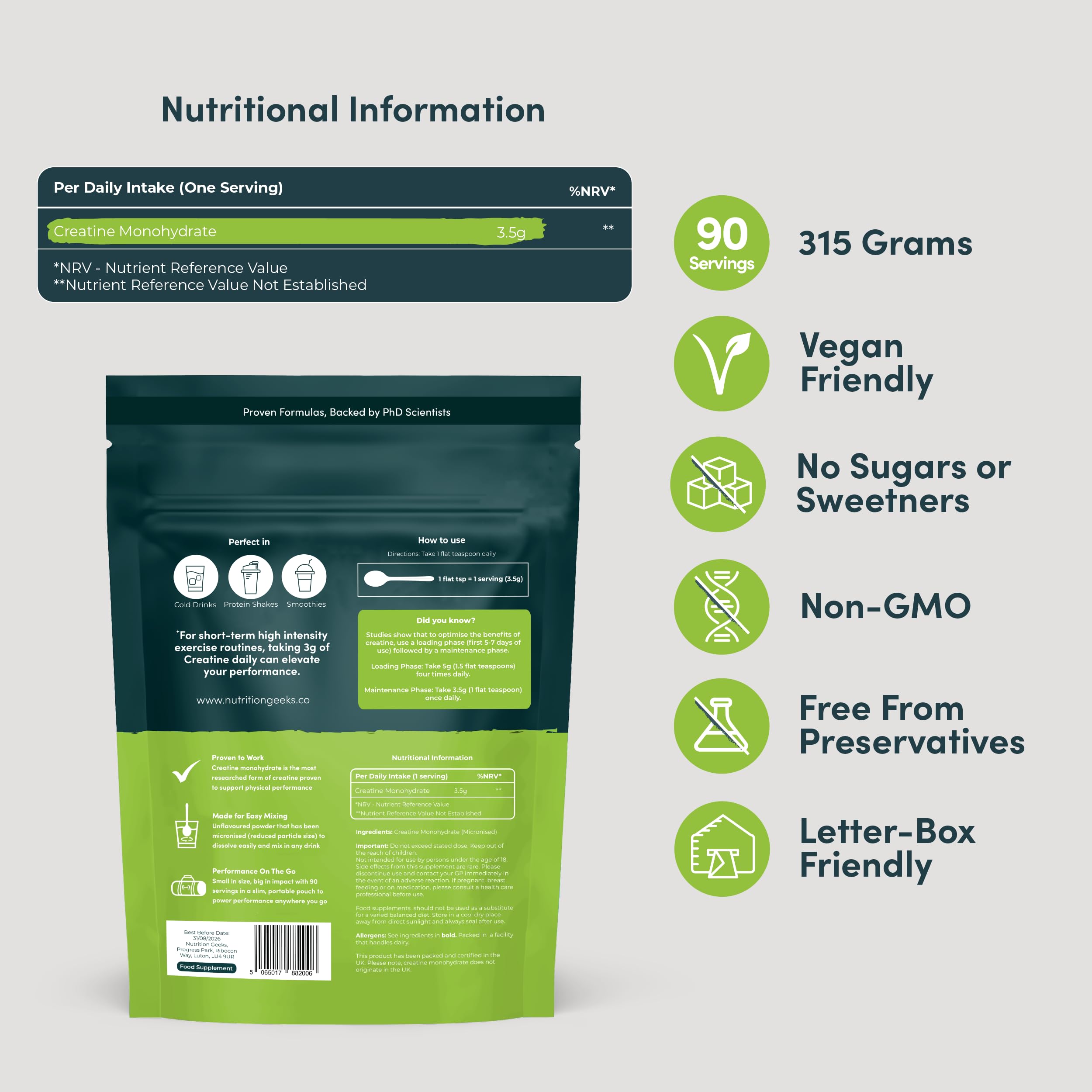 Pure Creatine Monohydrate Powder 315g - 90 Servings - Unflavoured Micronised Easy Dissolve Vegan Supplement for Men & Women - Damaged Box - BBE 03/2028