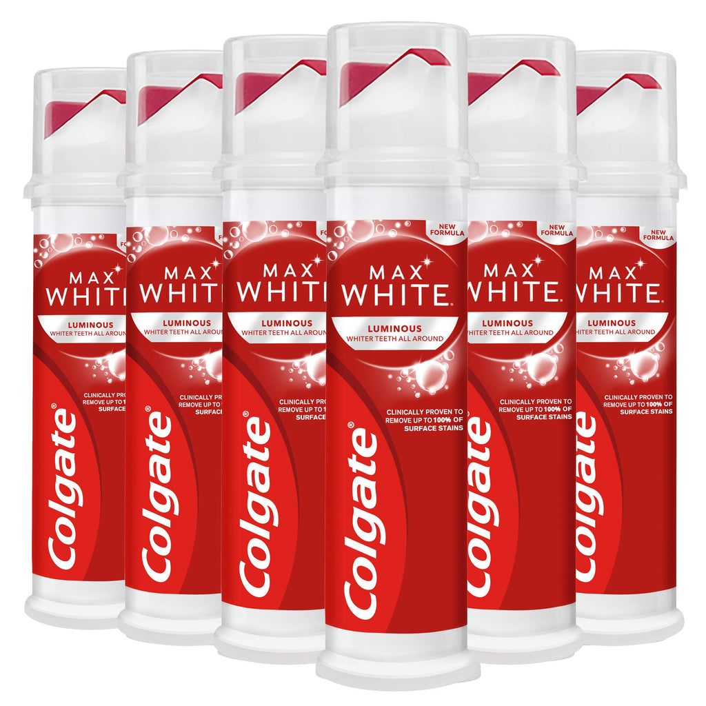 Colgate Max White Luminous Whitening Toothpaste 100ml x6 Pump - Removes Stains, Enamel Safe Daily Use - New - BBE 03/2027
