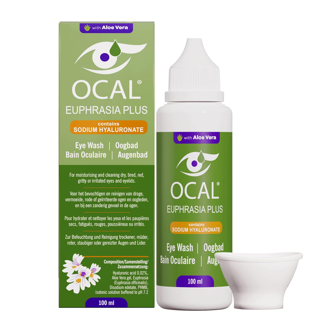 OCAL Euphrasia Plus Eye Wash 100ml - Aloe Vera Sodium Hyaluronate - Red Tired Gritty Eyes - pH 7.2 Buffered - Gentle Daily Cleanse - Damaged Box - BBE 03/2028