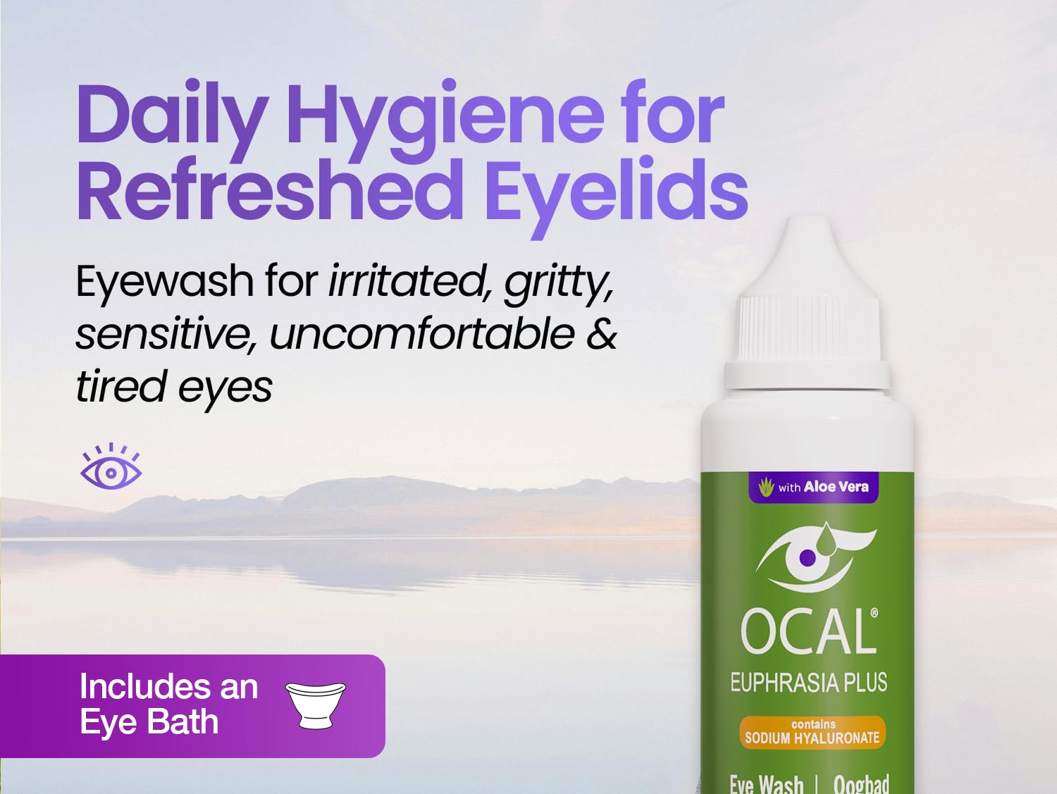 OCAL Euphrasia Plus Eye Wash 100ml - Aloe Vera Sodium Hyaluronate - Red Tired Gritty Eyes - pH 7.2 Buffered - Gentle Daily Cleanse - Damaged Box - BBE 03/2028