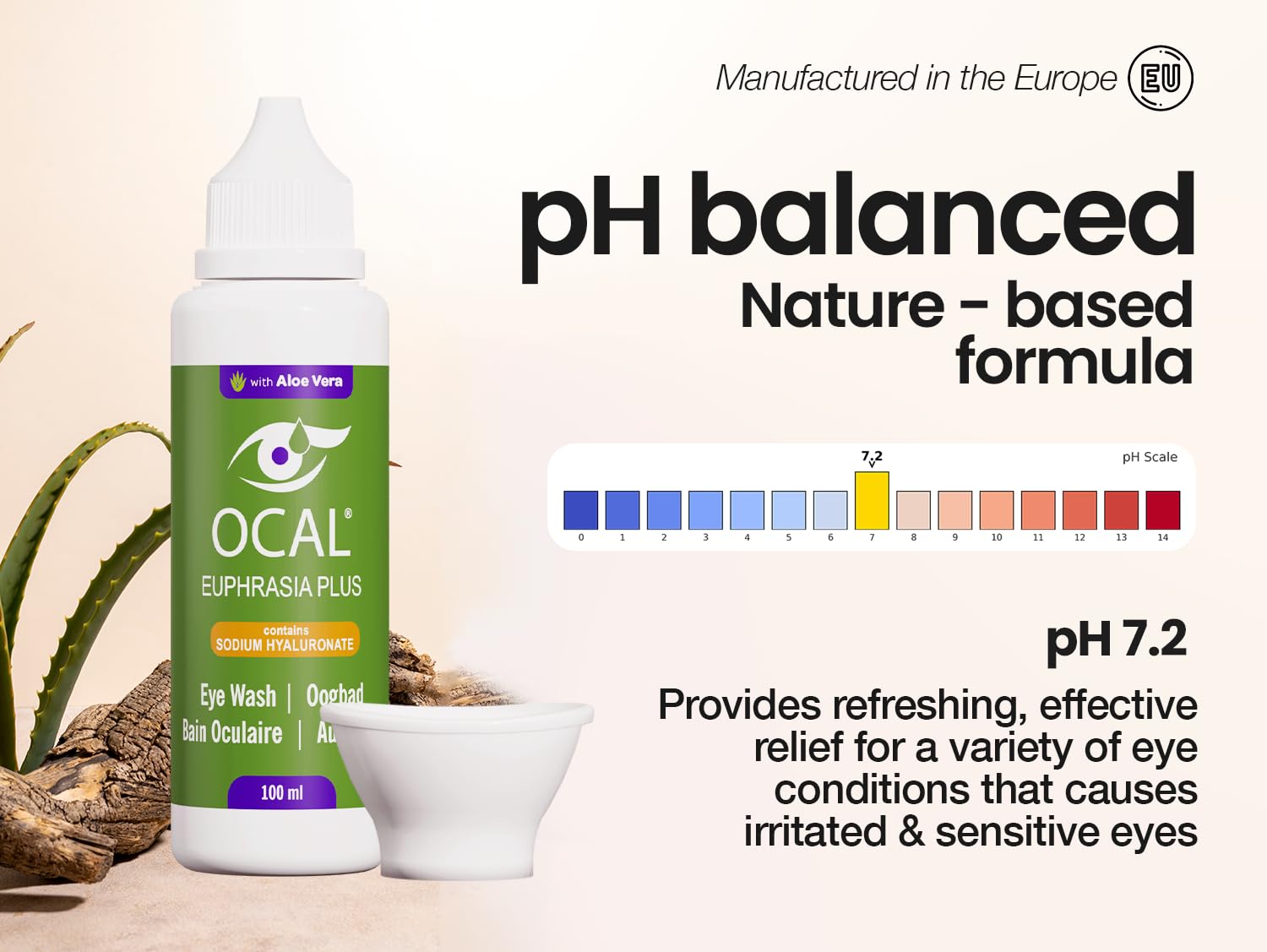 OCAL Euphrasia Plus Eye Wash 100ml - Aloe Vera Sodium Hyaluronate - Red Tired Gritty Eyes - pH 7.2 Buffered - Gentle Daily Cleanse - Damaged Box - BBE 03/2028