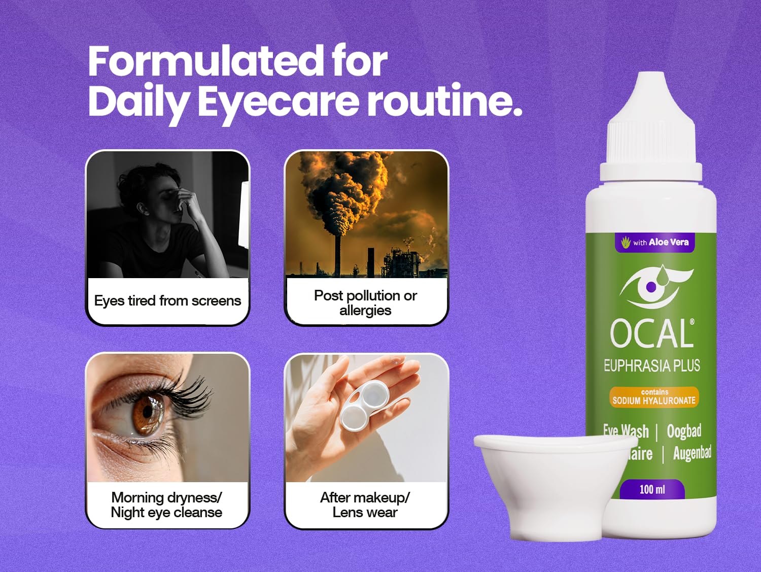 OCAL Euphrasia Plus Eye Wash 100ml - Aloe Vera Sodium Hyaluronate - Red Tired Gritty Eyes - pH 7.2 Buffered - Gentle Daily Cleanse - Damaged Box - BBE 03/2028