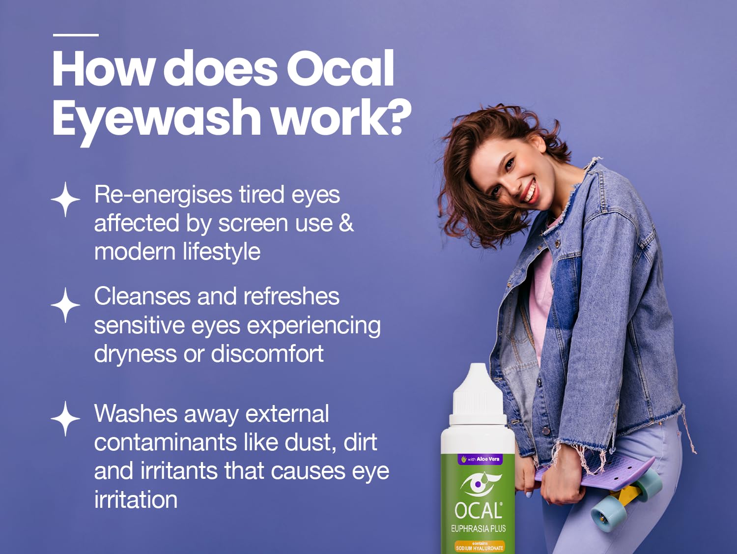 OCAL Euphrasia Plus Eye Wash 100ml - Aloe Vera Sodium Hyaluronate - Red Tired Gritty Eyes - pH 7.2 Buffered - Gentle Daily Cleanse - Damaged Box - BBE 03/2028