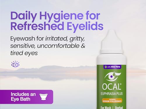 OCAL Euphrasia Plus Eye Wash 100ml - Aloe Vera Sodium Hyaluronate - Red Tired Gritty Eyes - pH 7.2 Buffered - Gentle Daily Cleanse - Damaged Box - BBE 03/2028