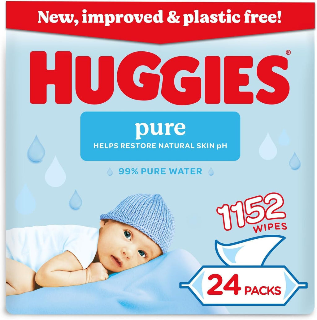 Huggies Pure Plastic Free Baby Wipes - 24 Pack (1152 Wipes) - 99% Water, Fragrance Free, Hypoallergenic, Soft - New - BBE 05/2028