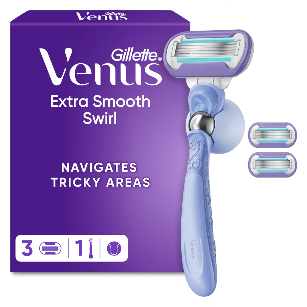 Gillette Venus Extra Smooth Swirl Women's Razor - 3 Refill Cartridges - Pivoting Handle & Shower Holder - Damaged Box