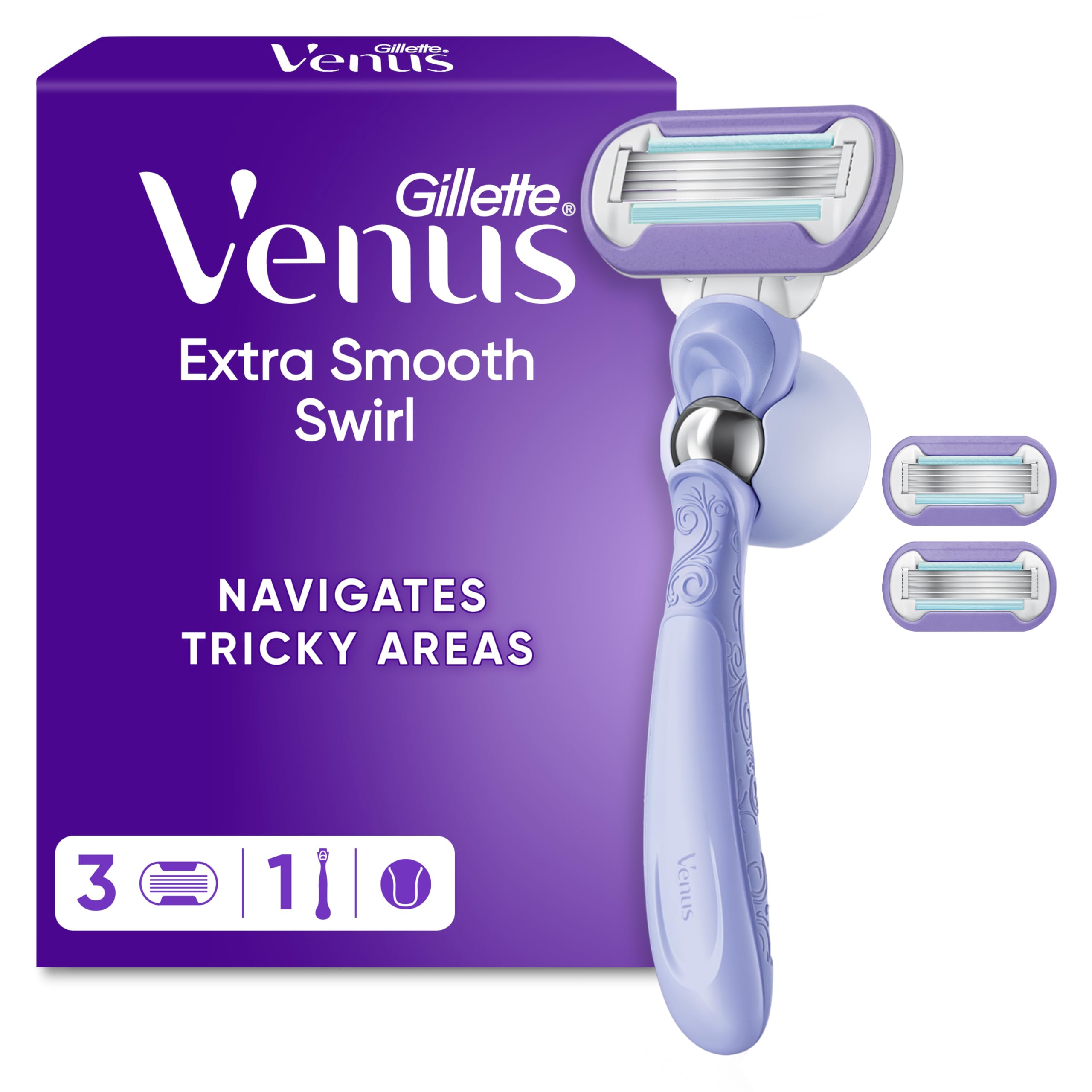 Gillette Venus Extra Smooth Swirl Women's Razor - 3 Refill Cartridges - Pivoting Handle & Shower Holder - Damaged Box