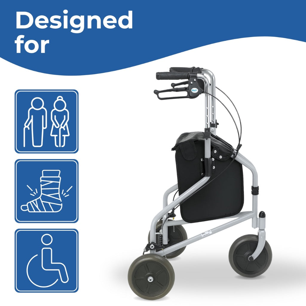 Days Tri Wheel Folding Walker - Grey Mobility Aid with Loop Lockable Brakes, Height Adjustable for Elderly & Disabled - Very Good
