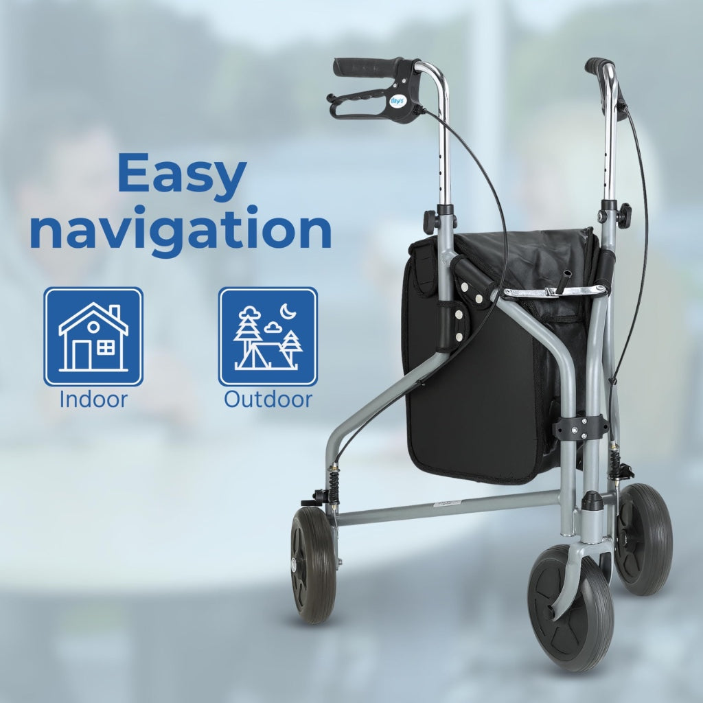 Days Tri Wheel Folding Walker - Grey Mobility Aid with Loop Lockable Brakes, Height Adjustable for Elderly & Disabled - Very Good