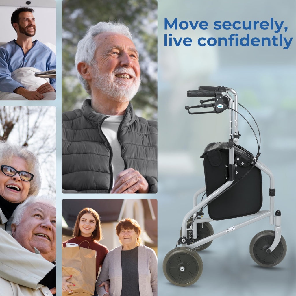 Days Tri Wheel Folding Walker - Grey Mobility Aid with Loop Lockable Brakes, Height Adjustable for Elderly & Disabled - Very Good