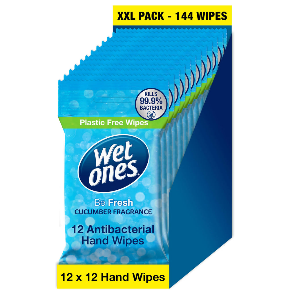 Wet Ones Plastic Free Antibacterial Hand Wipes - Cucumber Fragrance - Pocket Size - 12 Packs x 12 Wipes - 144 Total Wipes - New