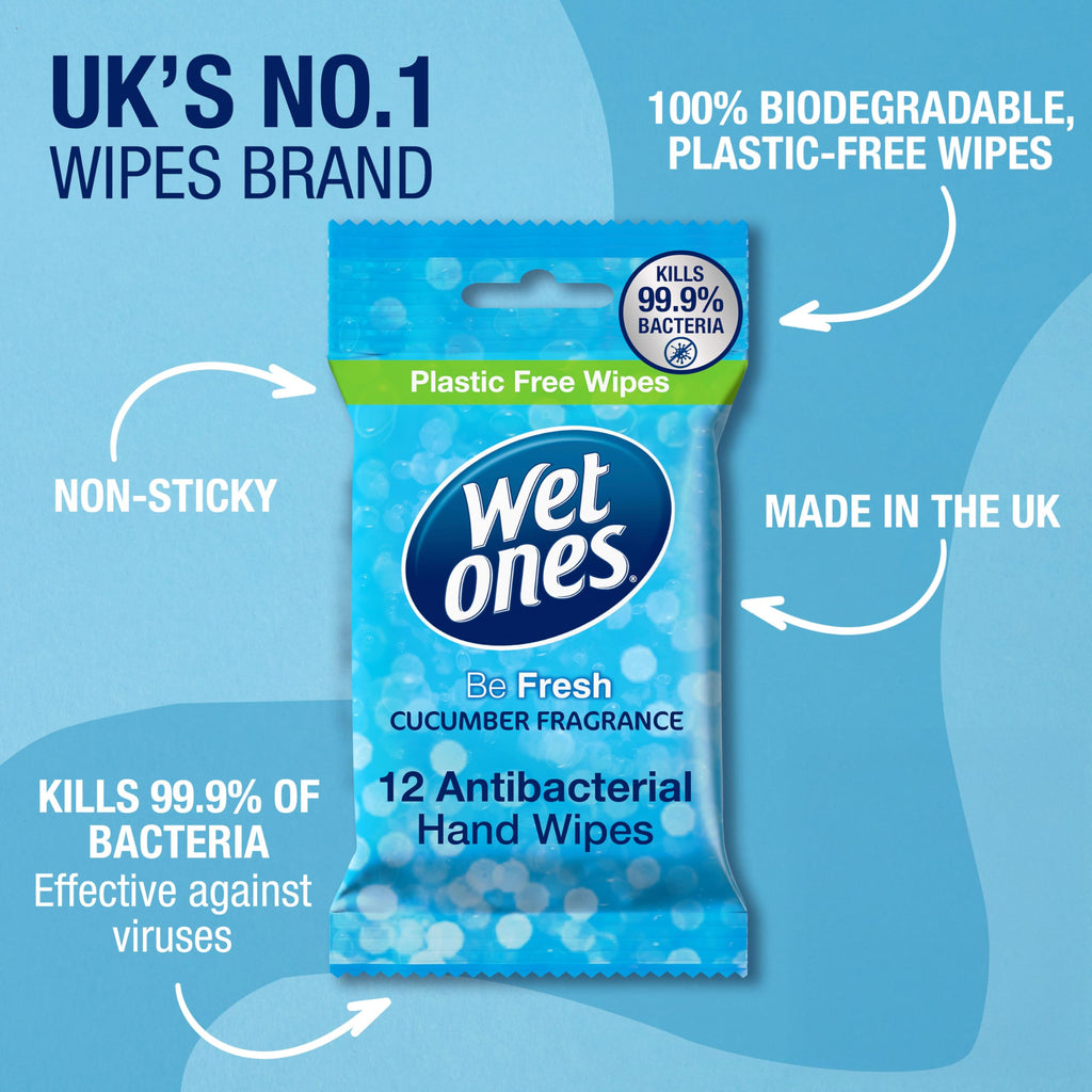 Wet Ones Plastic Free Antibacterial Hand Wipes - Cucumber Fragrance - Pocket Size - 12 Packs x 12 Wipes - 144 Total Wipes - New