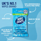 Wet Ones Plastic Free Antibacterial Hand Wipes - Cucumber Fragrance - Pocket Size - 12 Packs x 12 Wipes - 144 Total Wipes - New
