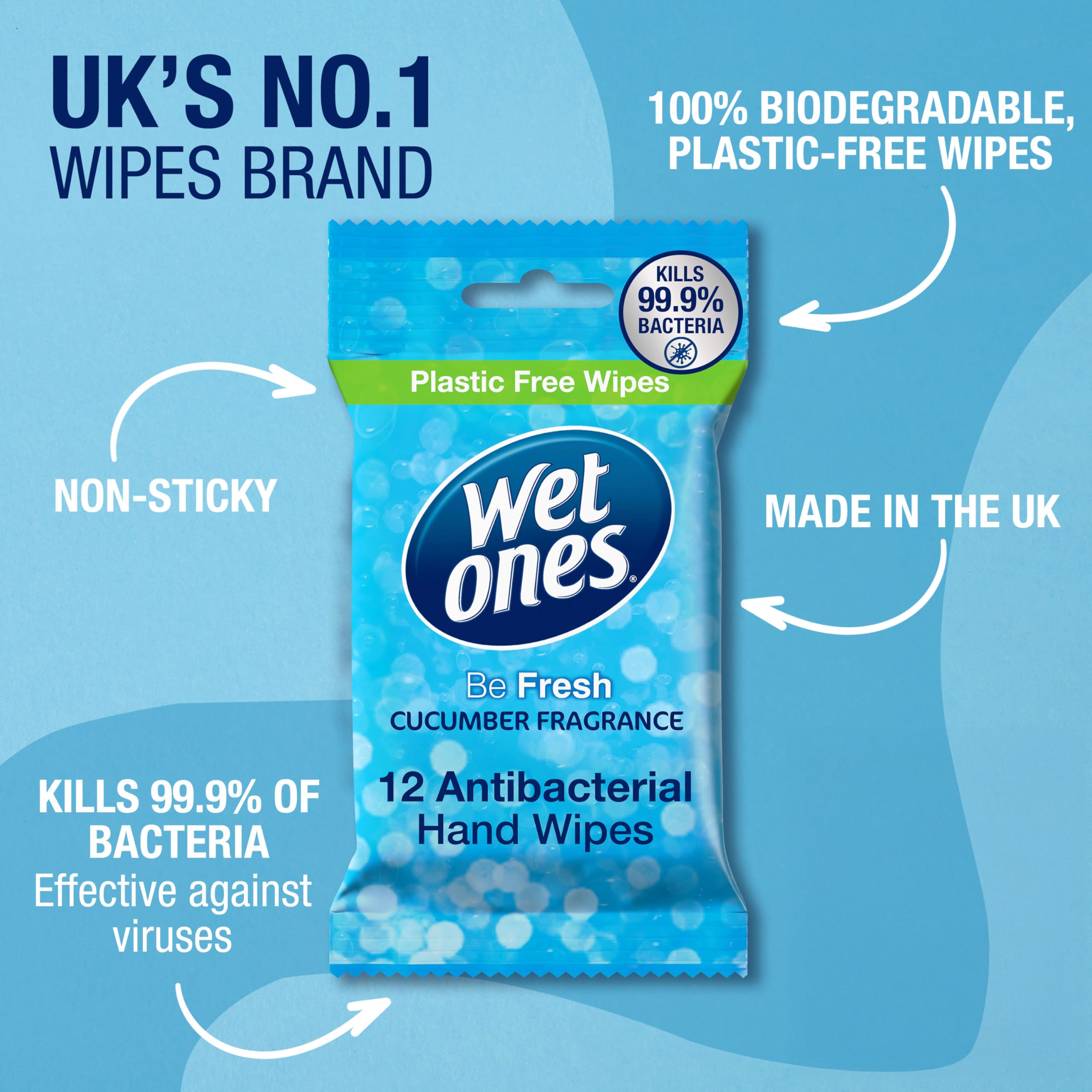 Wet Ones Plastic Free Antibacterial Hand Wipes - Cucumber Fragrance - Pocket Size - 12 Packs x 12 Wipes - 144 Total Wipes - New