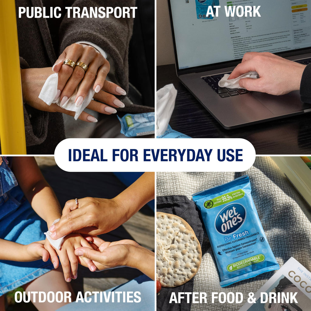 Wet Ones Plastic Free Antibacterial Hand Wipes - Cucumber Fragrance - Pocket Size - 12 Packs x 12 Wipes - 144 Total Wipes - New