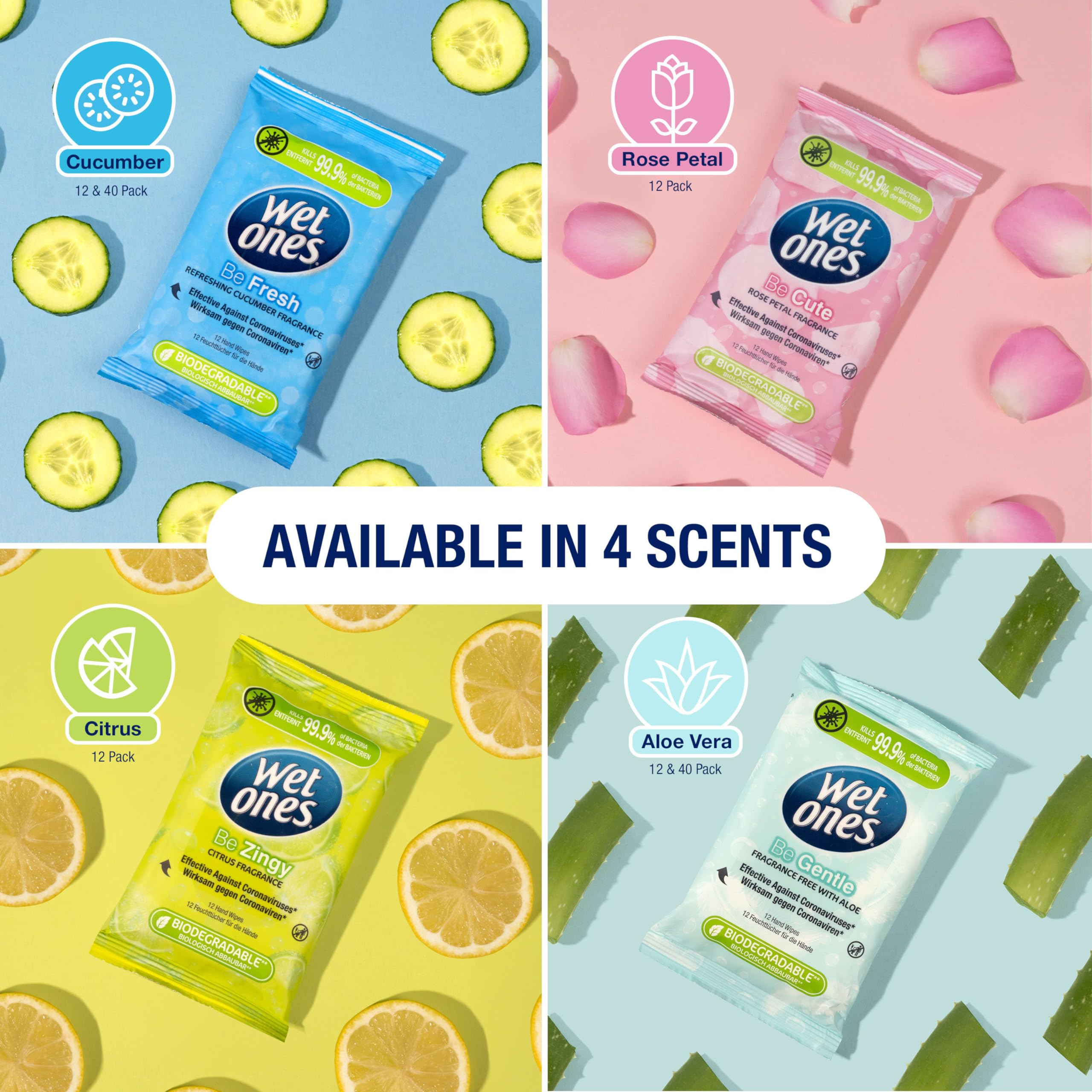 Wet Ones Plastic Free Antibacterial Hand Wipes - Cucumber Fragrance - Pocket Size - 12 Packs x 12 Wipes - 144 Total Wipes - New