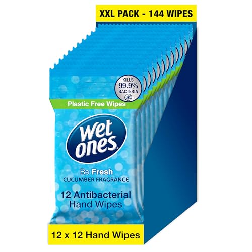 Wet Ones Plastic Free Antibacterial Hand Wipes - Cucumber Fragrance - Pocket Size - 12 Packs x 12 Wipes - 144 Total Wipes - New