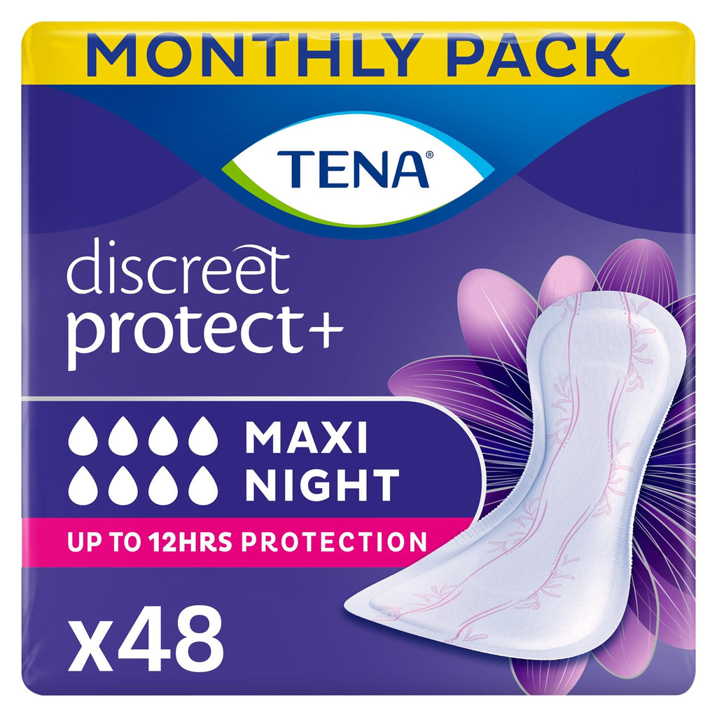 TENA Discreet Maxi Night Incontinence Pads for Women - Wider Back, Extra Length - 48 Count (8x6 Pack) - New