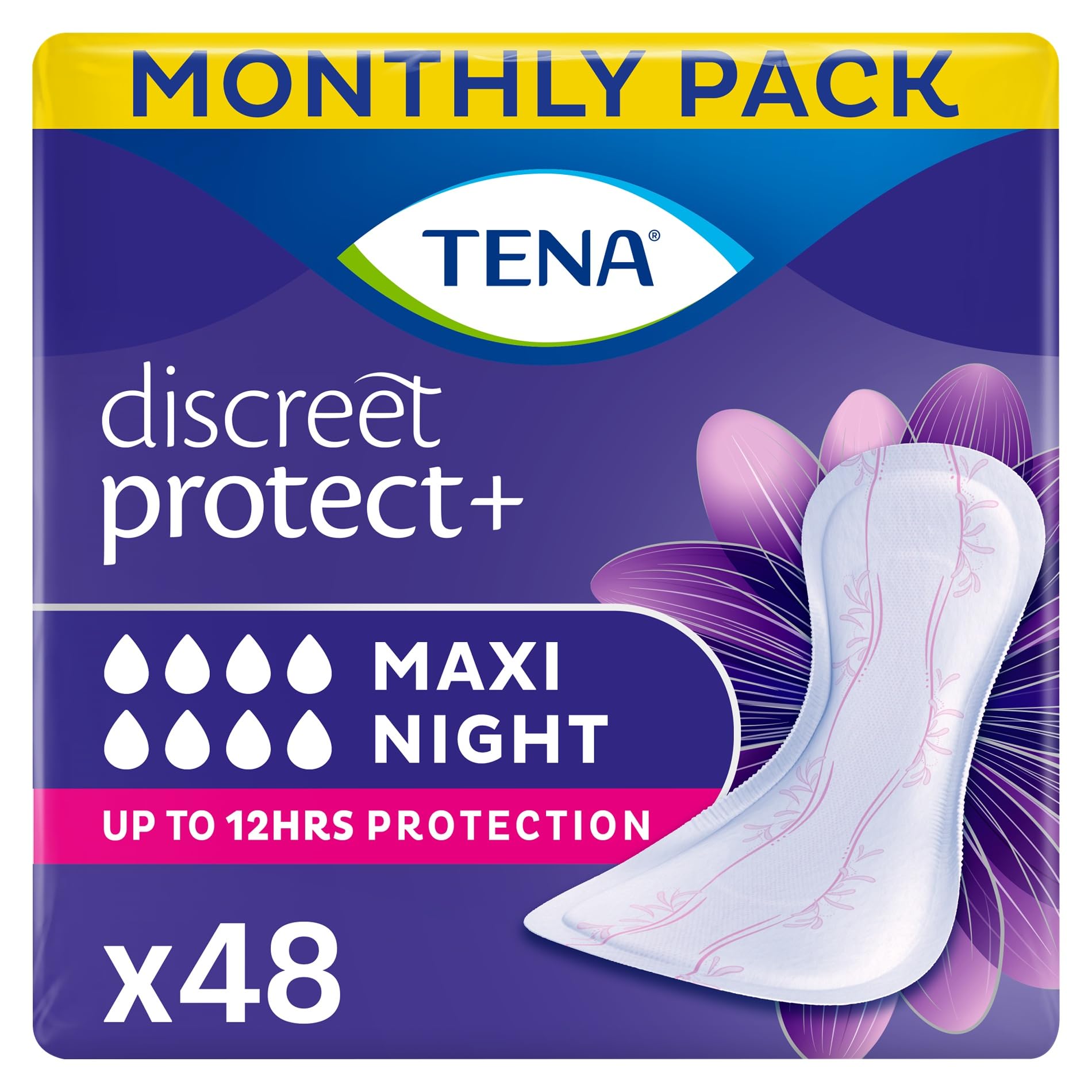 TENA Discreet Maxi Night Incontinence Pads for Women - Wider Back, Extra Length - 48 Count (8x6 Pack) - New