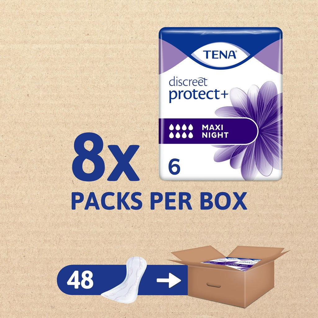 TENA Discreet Maxi Night Incontinence Pads for Women - Wider Back, Extra Length - 48 Count (8x6 Pack) - New