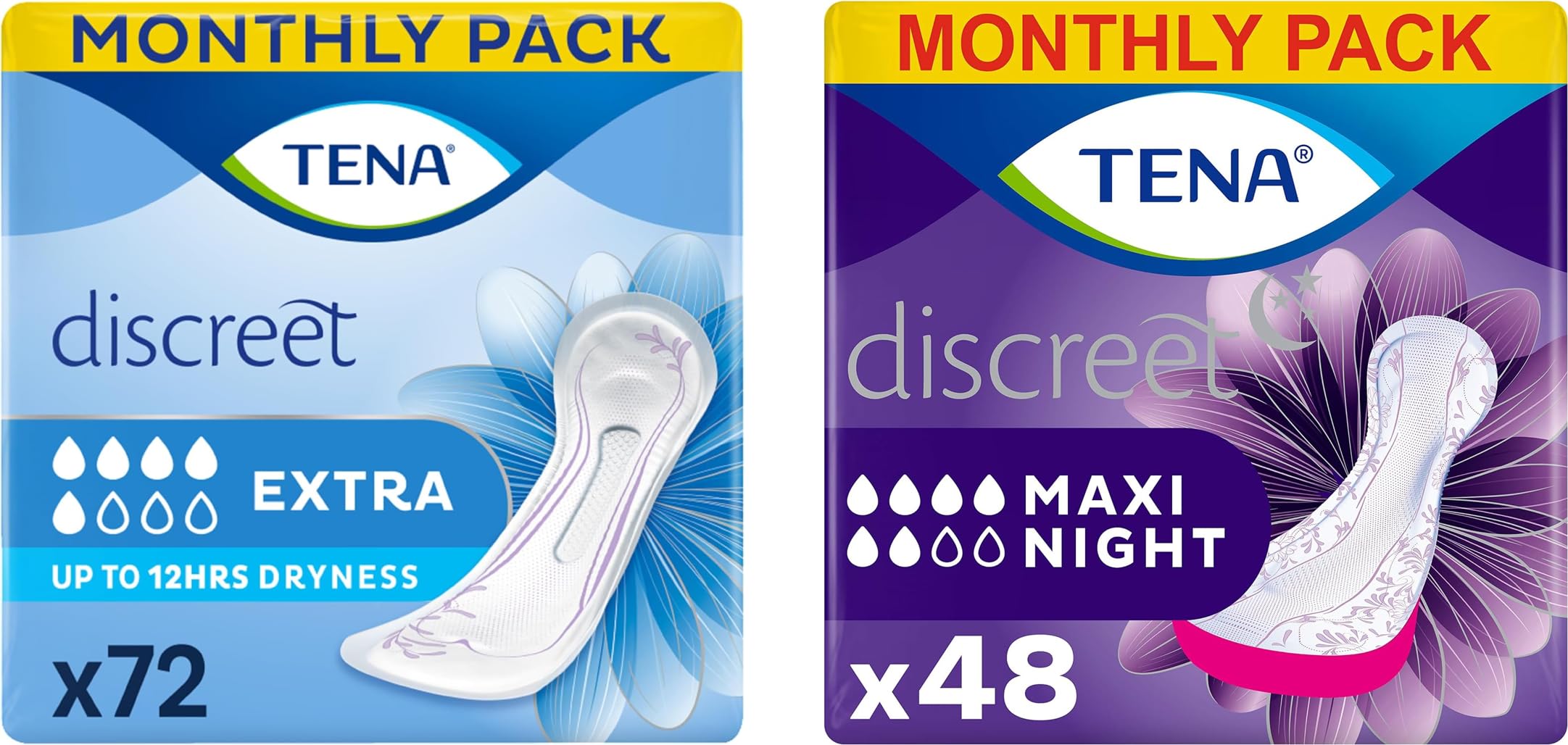 TENA Discreet Maxi Night Incontinence Pads for Women - Wider Back, Extra Length - 48 Count (8x6 Pack) - New