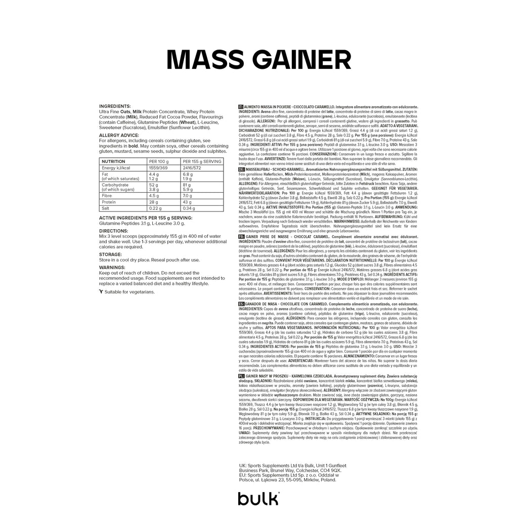 Bulk Complete Mass Gainer - Chocolate Caramel - 81g Carbohydrates - High Protein Weight Gain Shake Powder - Damaged Box - BBE 04/2027