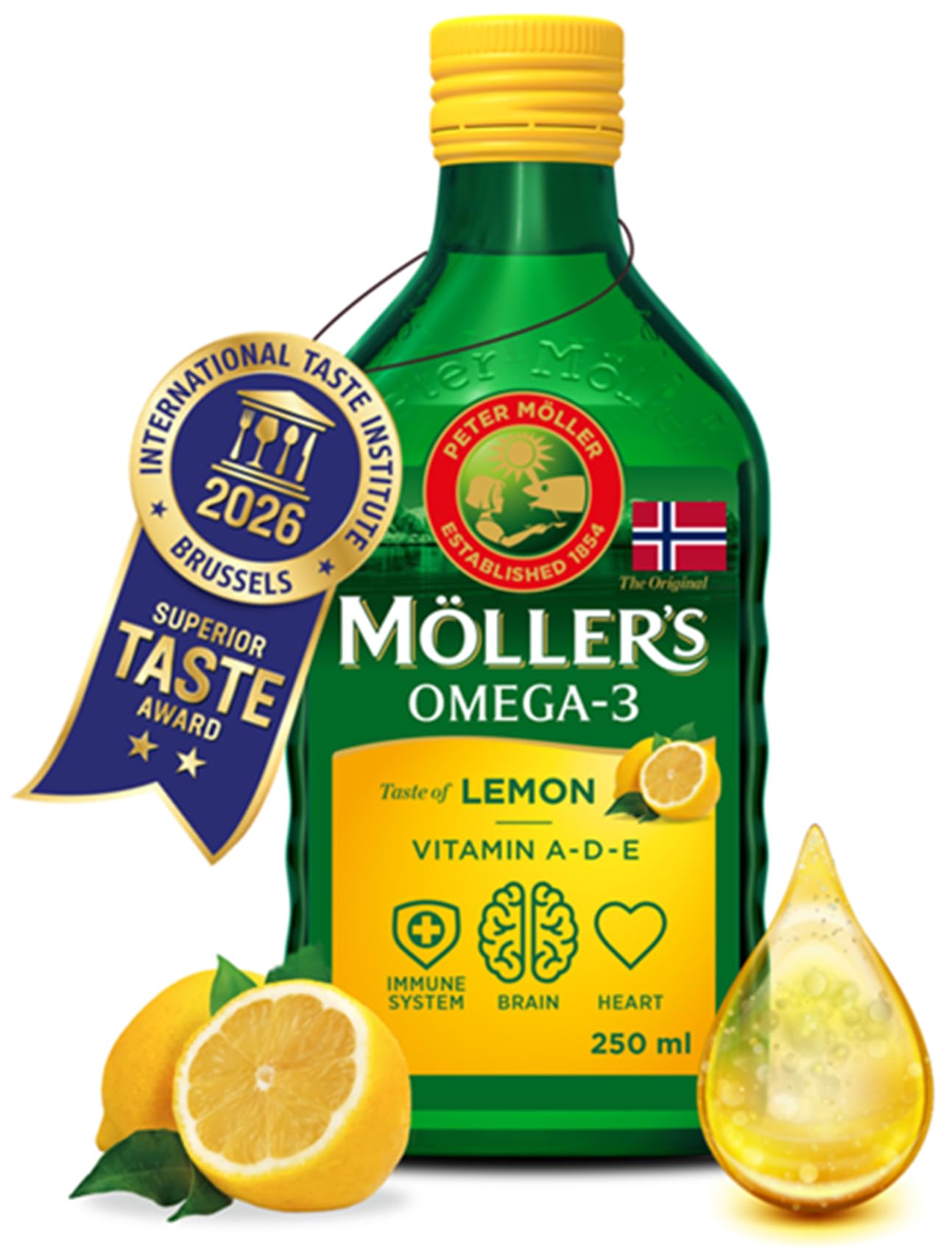 Moller's Omega 3 Cod Liver Oil - EPA DHA Vitamin A D E - Lemon 250ml Dietary Supplement - New - BBE 05/2026