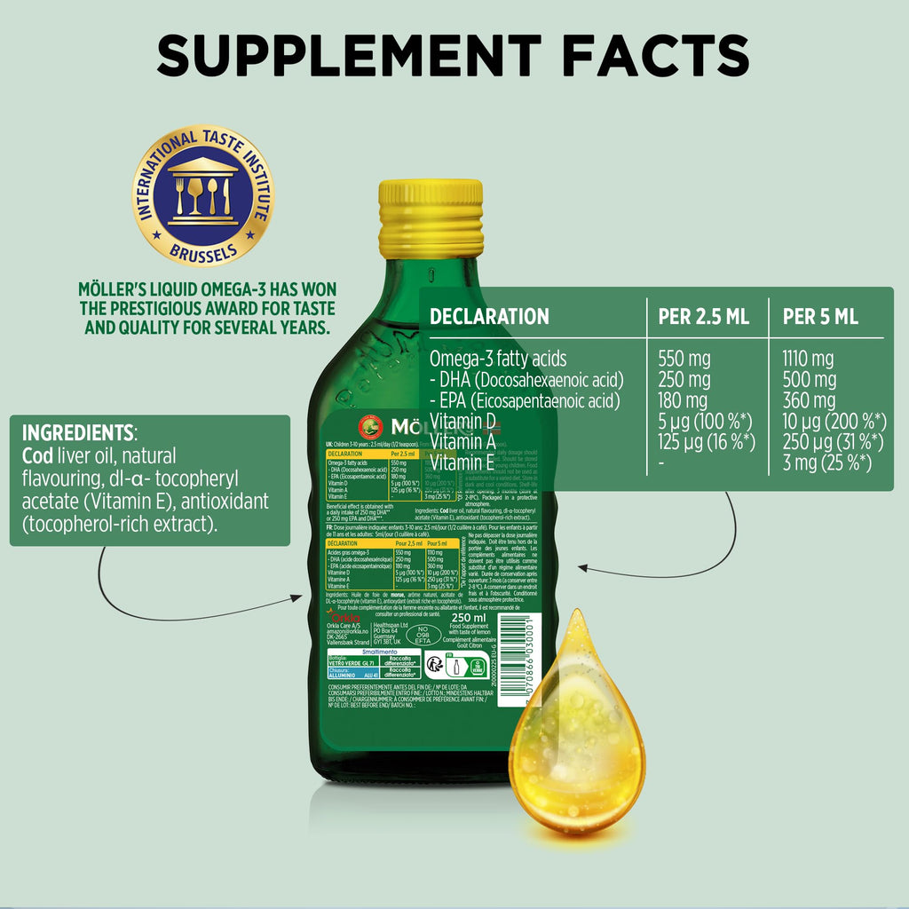 Moller's Omega 3 Cod Liver Oil - EPA DHA Vitamin A D E - Lemon 250ml Dietary Supplement - New - BBE 05/2026